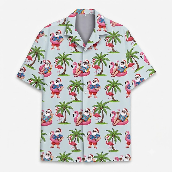 Santa Flamingo Christmas In July Palm Tree Hawaiian Shirt S-5XL