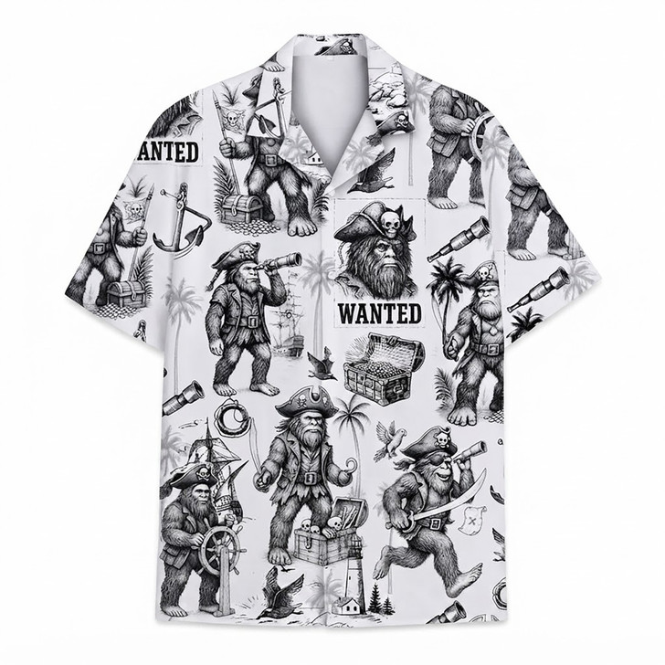 Pirate Bigfoot Wanted Poster Treasure Map Hawaiian Shirt S-5XL