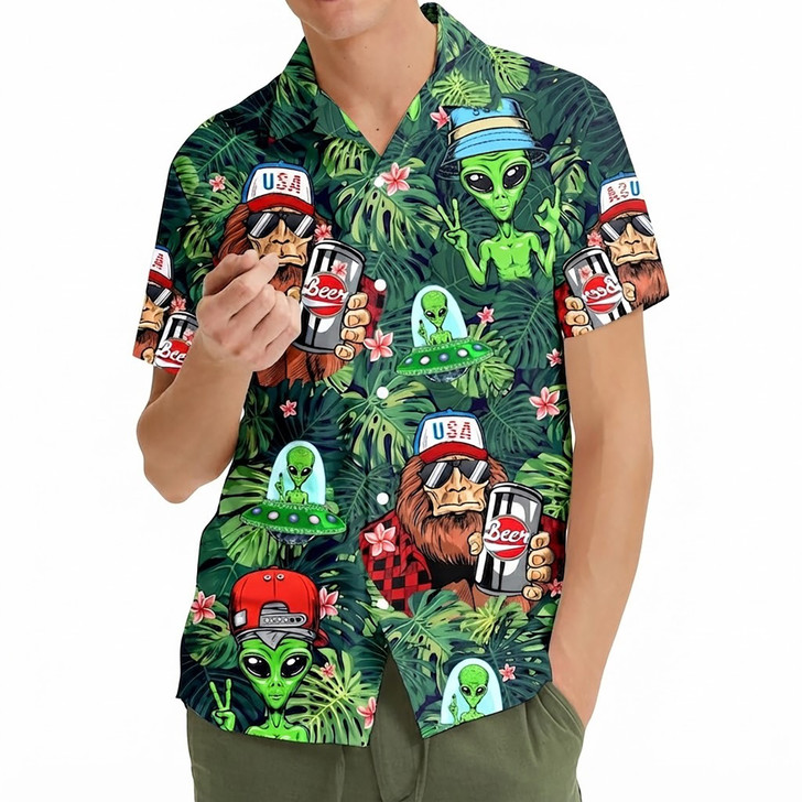 Tropical Bigfoot Alien Sasquatch Summer Beach Hawaiian Shirt S-5XL