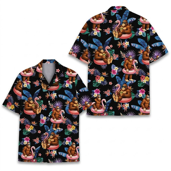 Funny Bigfoot Sasquatch Flamingo Tropical Pattern Hawaiian Shirt S-5XL