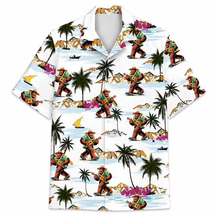 Bigfoot Beach Play Guitar Sasquatch Tropical Island Hawaiian Shirt S-5XL