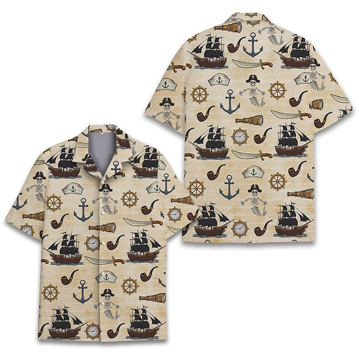 Vintage Pirate Skull Sea Animal Beach Hawaiian Shirt S-5XL