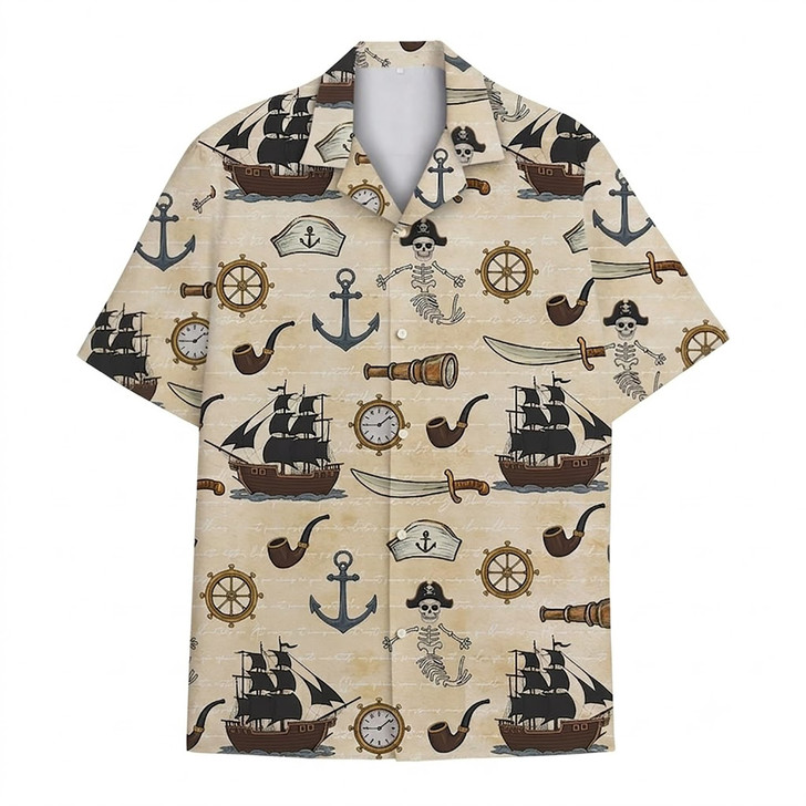 Vintage Pirate Skull Sea Animal Beach Hawaiian Shirt S-5XL