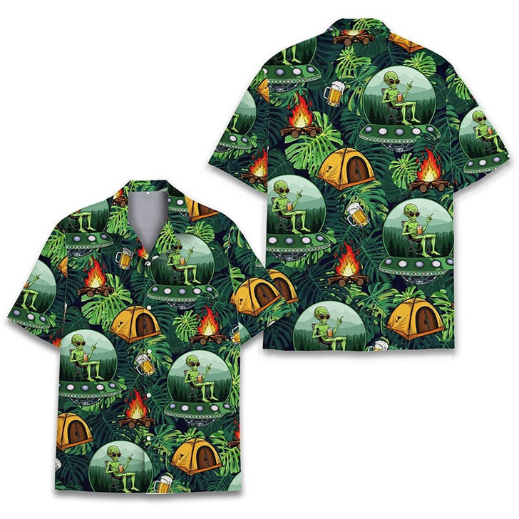 Alien Camping UFO Beer Bonfire Forest Tent Hawaiian Shirt S-5XL