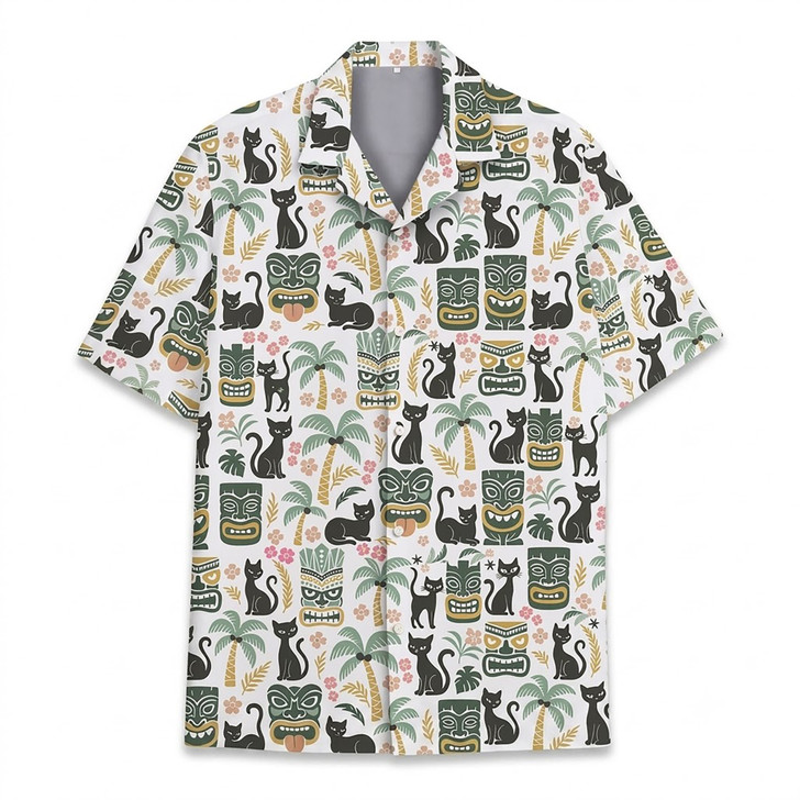 Tiki Cat Black Cat Retro Luau Party Tropical Hawaiian Shirt S-5XL