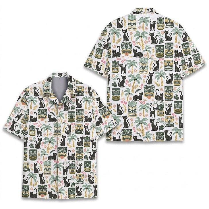 Tiki Cat Black Cat Retro Luau Party Tropical Hawaiian Shirt S-5XL