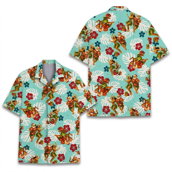 Santa And Hula Girl Christmas In July Summer Beach Hawaiian Shirt S-5XL