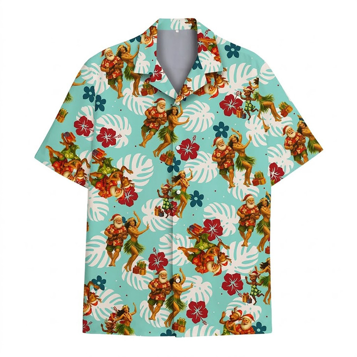 Santa And Hula Girl Christmas In July Summer Beach Hawaiian Shirt S-5XL