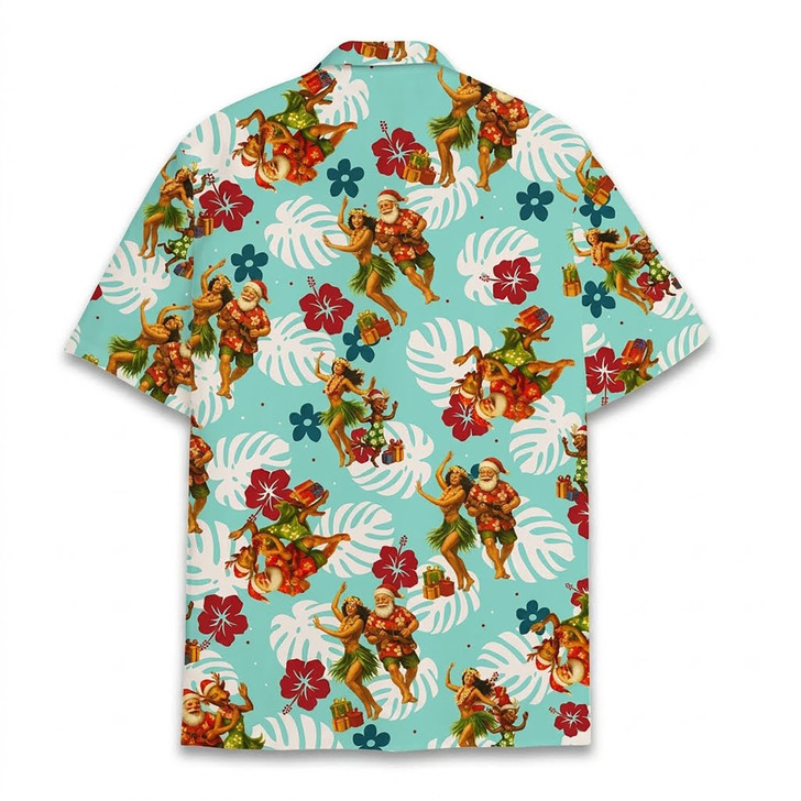Santa And Hula Girl Christmas In July Summer Beach Hawaiian Shirt S-5XL