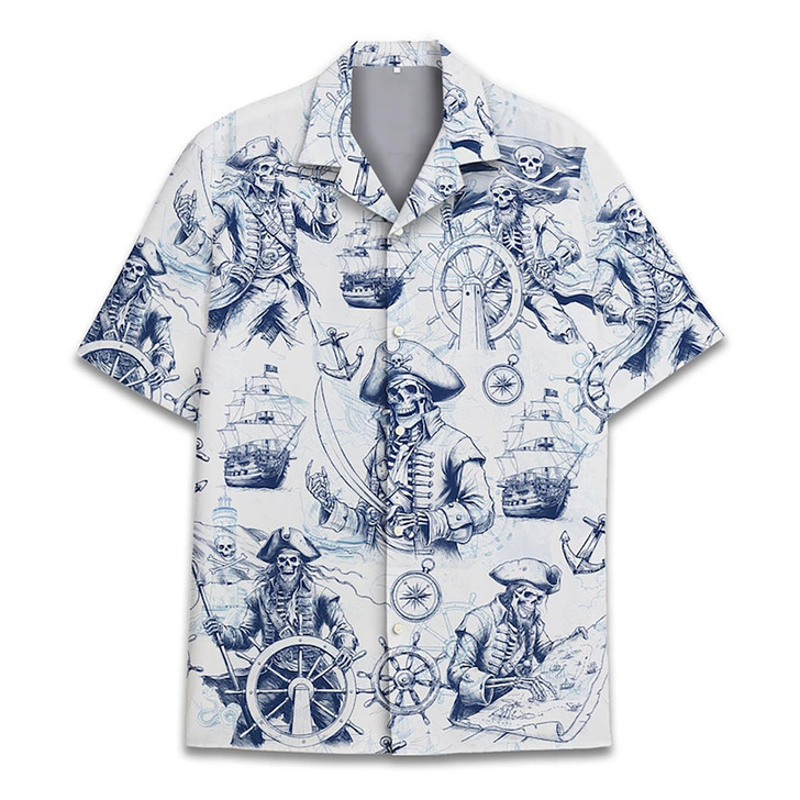 Vintage Pirate Skeleton Skull Summer Beach Hawaiian Shirt S-5XL