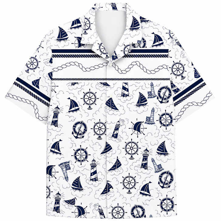 Vintage Nautical Sailboat Lighthouse Compass Hawaiian Shirt S-5XL
