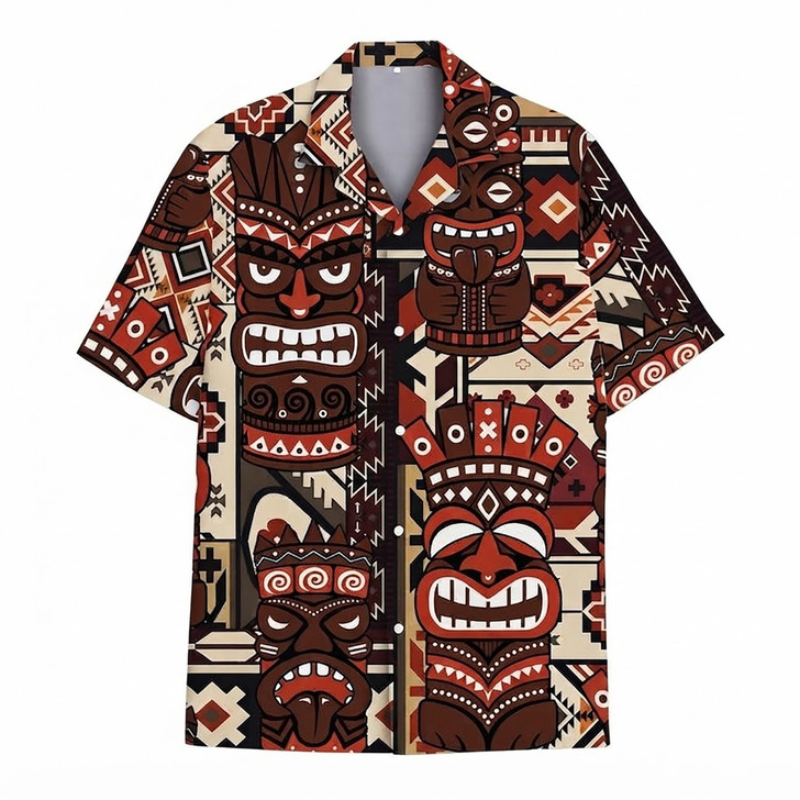 Tiki Face Tribal Pattern Tropical Beach Hawaiian Shirt S-5XL