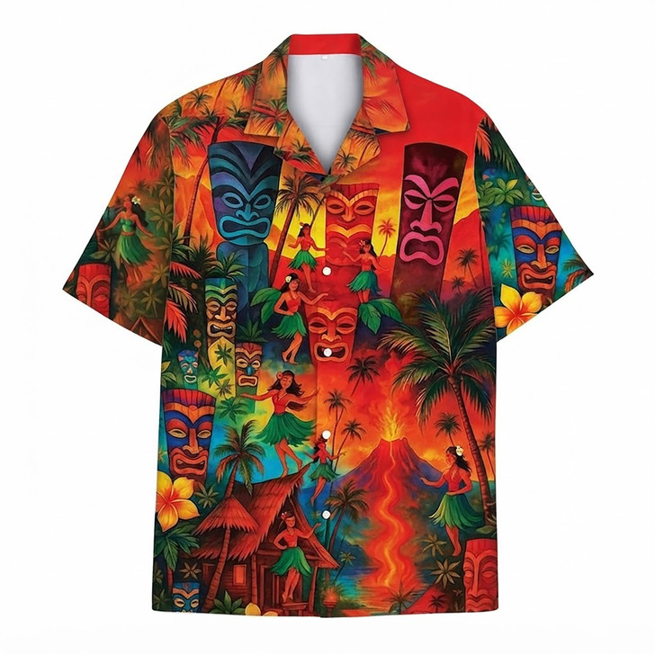 Tiki Hula Volcano Island Luau Party Hawaiian Shirt S-5XL