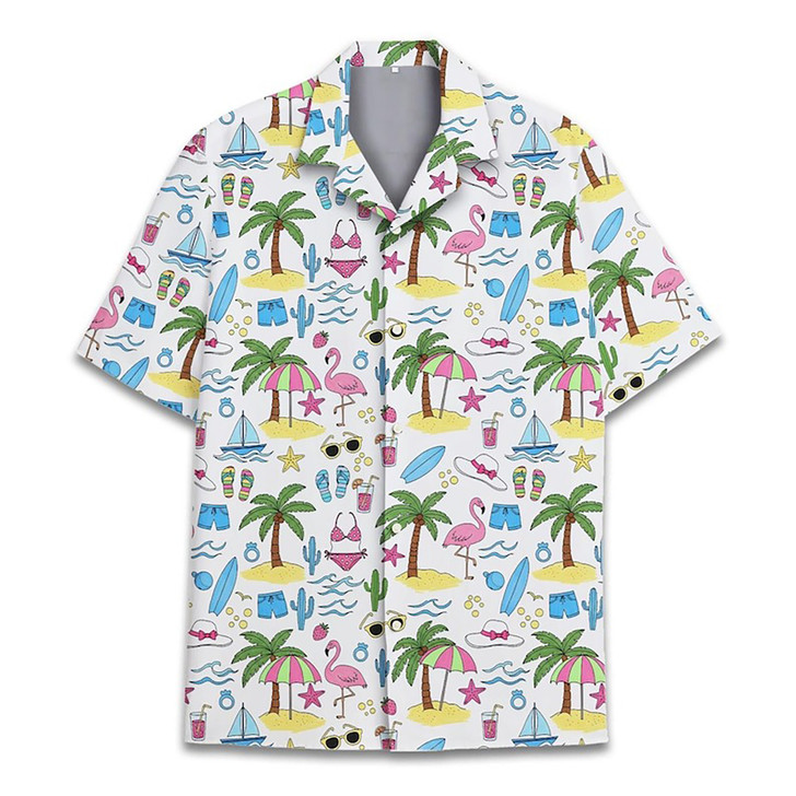Funny Flamingo Palm Tree Summer Beach Pattern Hawaiian Shirt S-5XL