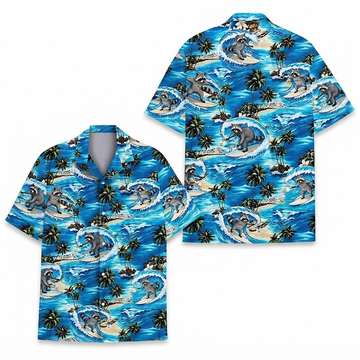 Funny Raccoon Surfing Summer Beach Hawaiian Shirt S-5XL