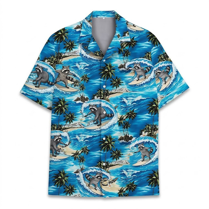 Funny Raccoon Surfing Summer Beach Hawaiian Shirt S-5XL