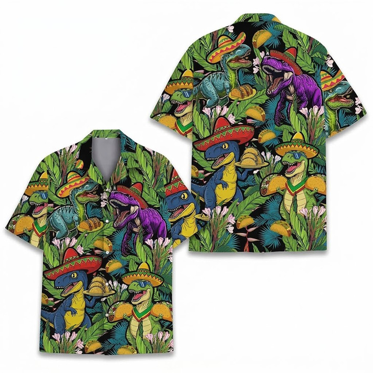 Funny Dinosaur T-Rex Taco Sombrero Hawaiian Shirt S-5XL