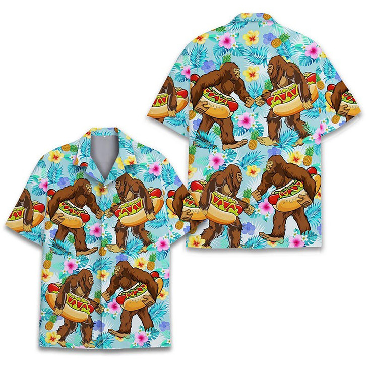 Funny Bigfoot Hot Dog Summer Beach Hawaiian Shirt S-5XL