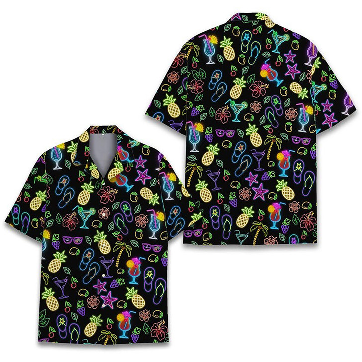 Neon Cocktail Tropical Fruit Flip Flop Hawaiian Shirt S-5XL