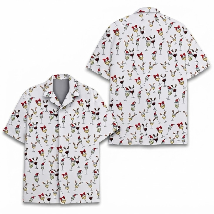 Funny Santa Hat Wine Cocktail Christmas Hawaiian Shirt S-5XL