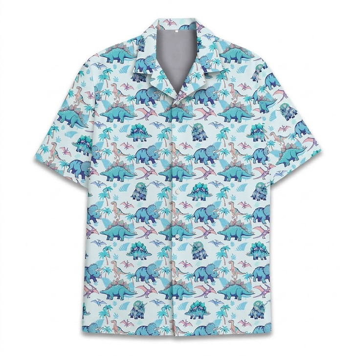 Funny Cute Blue Dinosaur Tropical Summer Hawaiian Shirt S-5XL