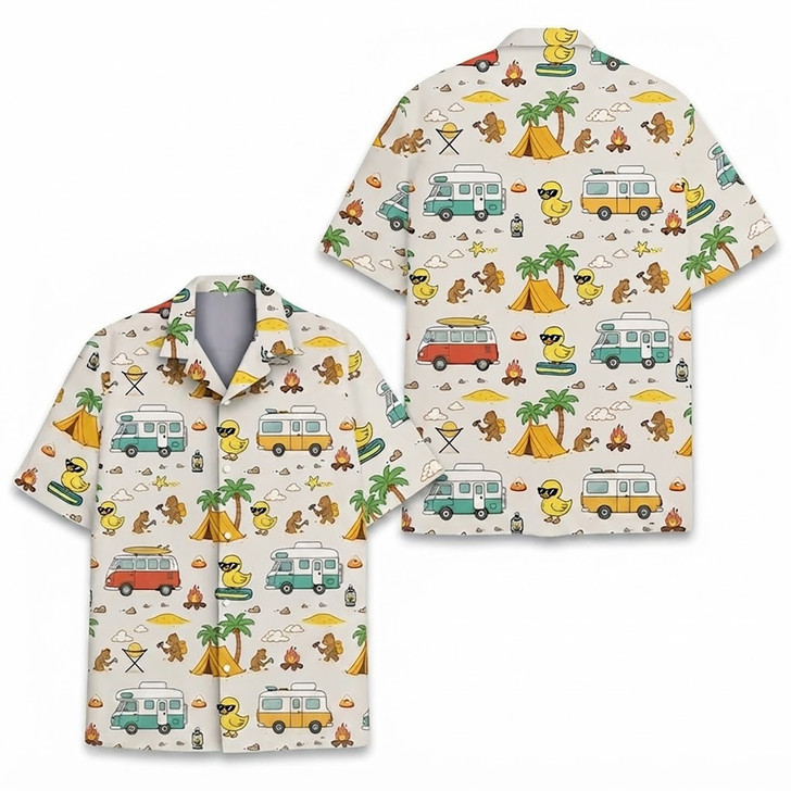 Funny Duck Camping Bear Bus Outdoor Hawaiian Shirt S-5XL