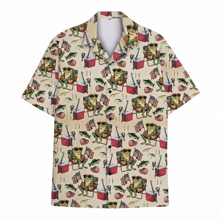 Funny Frog Fishing Patriotic 4th of July Hawaiian Shirt S-5XL