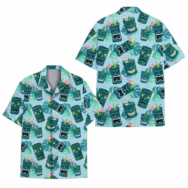 Blue Tiki Mug Tropical Summer Beach Hawaiian Shirt S-5XL