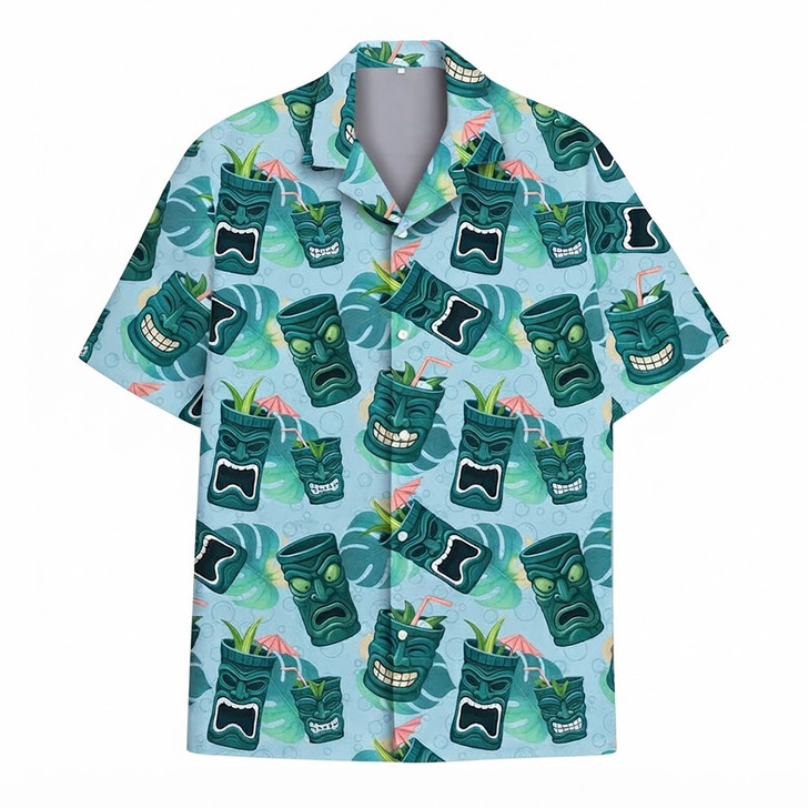 Blue Tiki Mug Tropical Summer Beach Hawaiian Shirt S-5XL