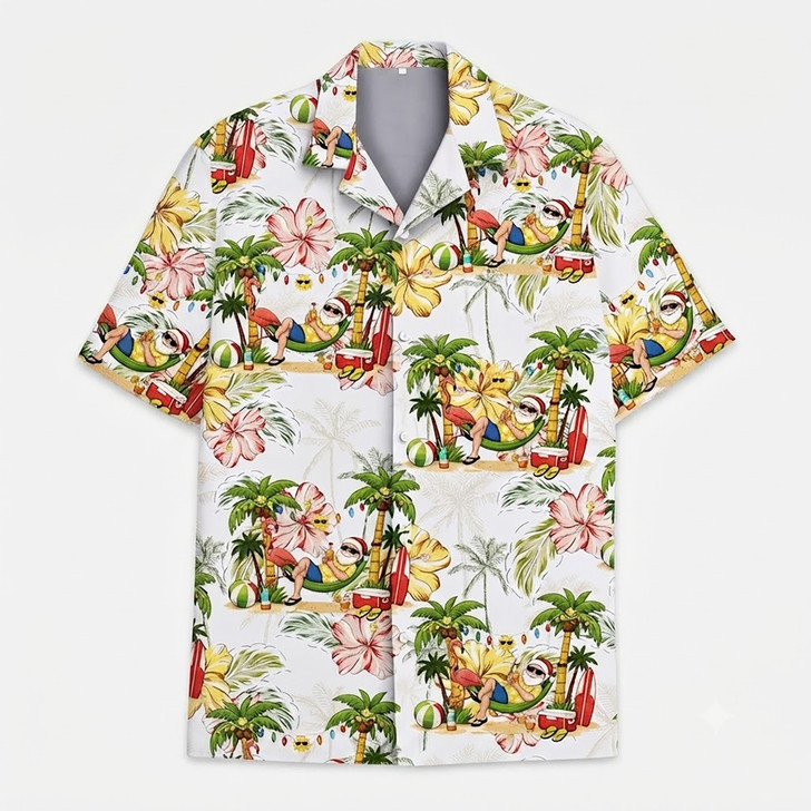 Funny Christmas In July Summer Beach Santa Hawaiian Shirt S-5XL