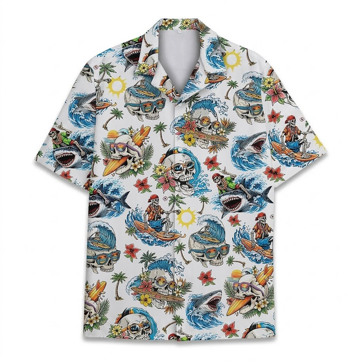 Shark Skeleton Surfing Funny Beach Summer Hawaiian Shirt S-5XL