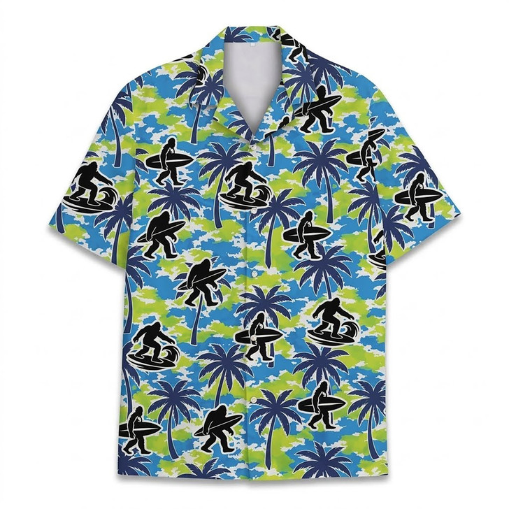 Retro Bigfoot Surfing Tropical Palm Tree Hawaiian Shirt S-5XL