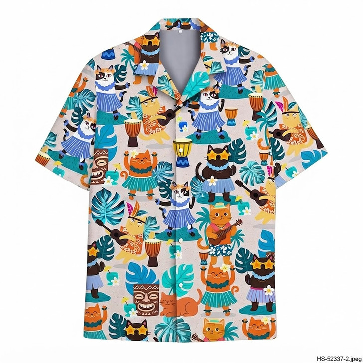 Aloha Tiki Cat Dancing Tropical Beach Hawaiian Shirt S-5XL