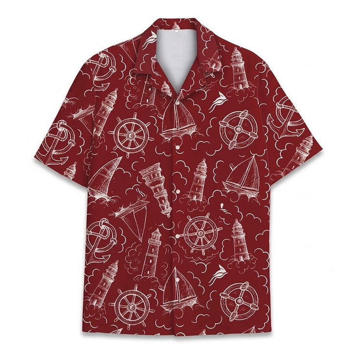 Vintage Nautical Coastal Sailing Maritime Red Hawaiian Shirt S-5XL