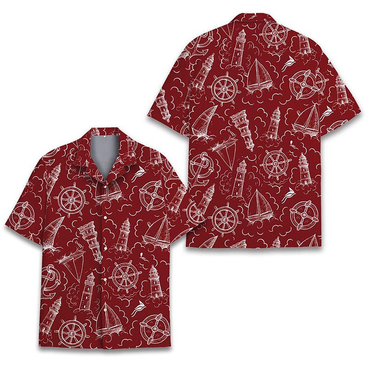 Vintage Nautical Coastal Sailing Maritime Red Hawaiian Shirt S-5XL