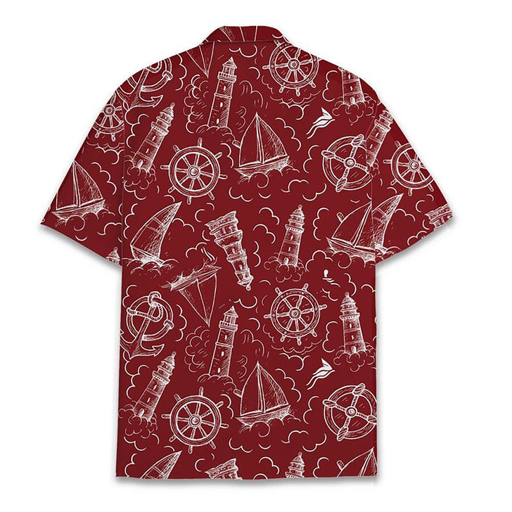 Vintage Nautical Coastal Sailing Maritime Red Hawaiian Shirt S-5XL