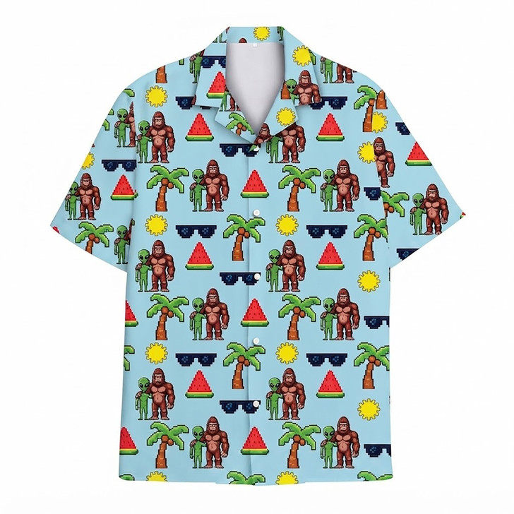 Bigfoot Alien Retro Pixel UFO Summer Hawaiian Shirt S-5XL