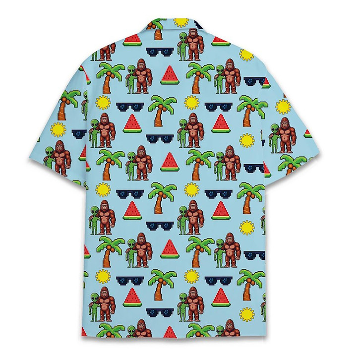 Bigfoot Alien Retro Pixel UFO Summer Hawaiian Shirt S-5XL