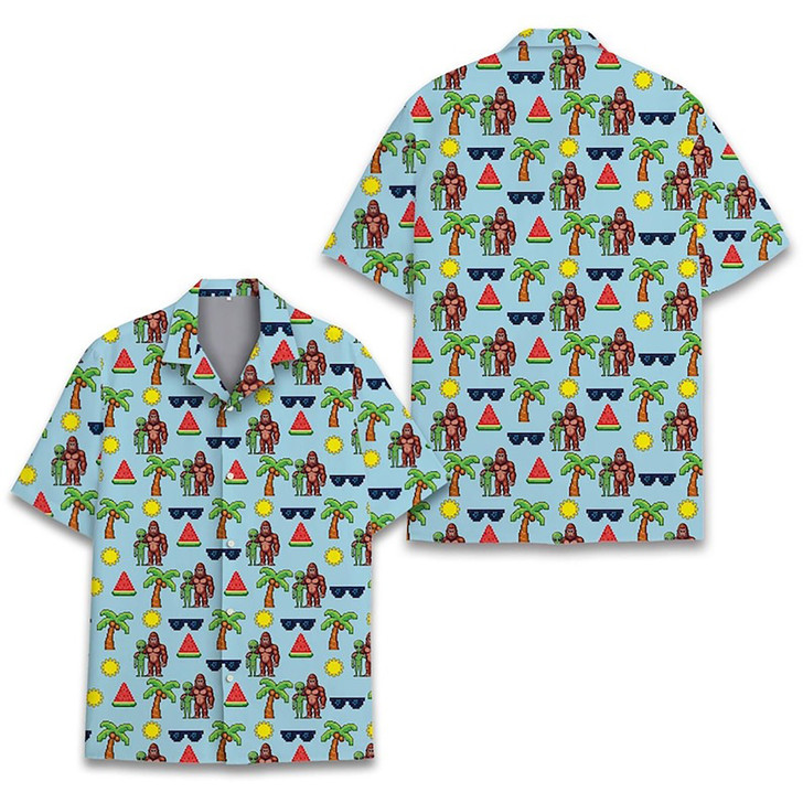 Bigfoot Alien Retro Pixel UFO Summer Hawaiian Shirt S-5XL
