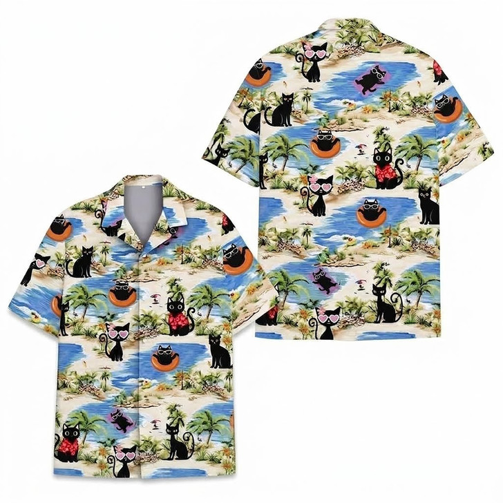 Tropical Black Cat Summer Beach Hawaiian Shirt S-5XL