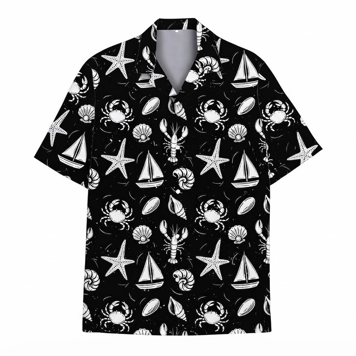 Black White Nautical Lobster Sea Life Hawaiian Shirt S-5XL