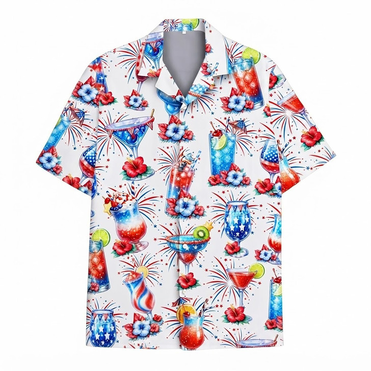 Patriotic Cocktail 4th of July USA Red White Blue Hawaiian Shirt S-5XL