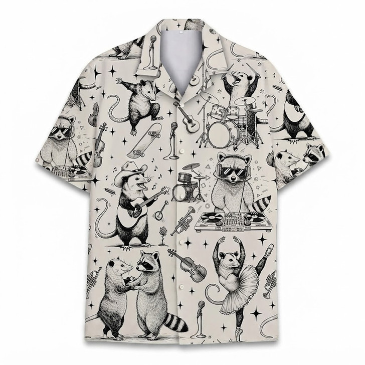 Vintage Raccoon Opossum Animal Music Band Hawaiian Shirt S-5XL