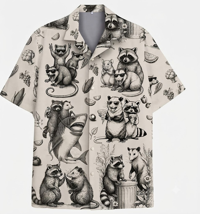 Retro Raccoon Opossum Shark Aloha Hawaiian Shirt S-5XL