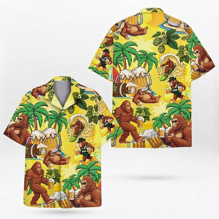 Bigfoot Sasquatch Beer Summer Aloha Hawaiian Shirt S-5XL