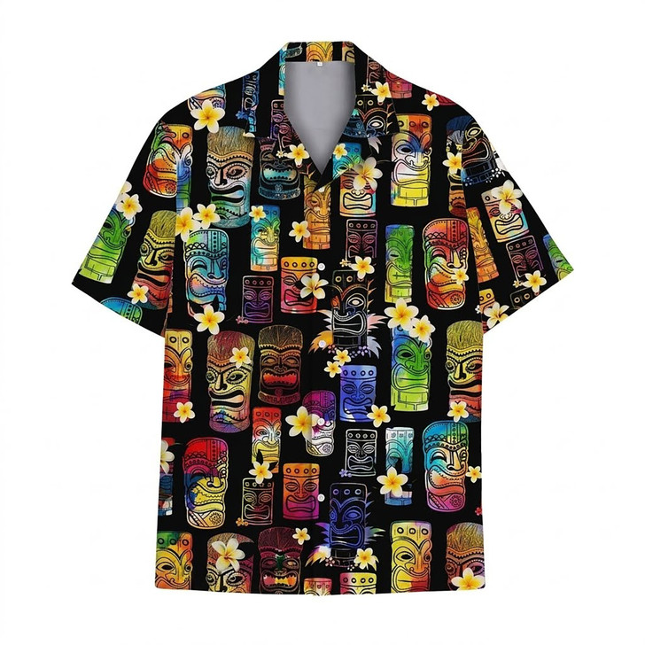 Colorful Tiki Tropical Aloha Summer Beach Vacation Hawaiian Shirt S-5XL