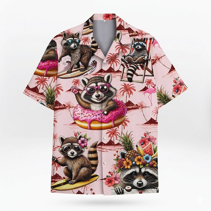 Pinky Cute Donut Raccoon Summer Beach Hawaiian Shirt S-5XL