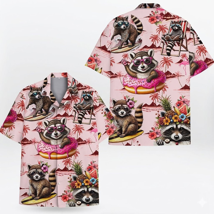 Pinky Cute Donut Raccoon Summer Beach Hawaiian Shirt S-5XL