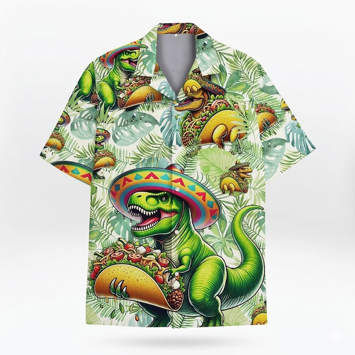 Taco T-Rex Dinosaur Mexican Summer Beach Casual Hawaiian Shirt S-5XL