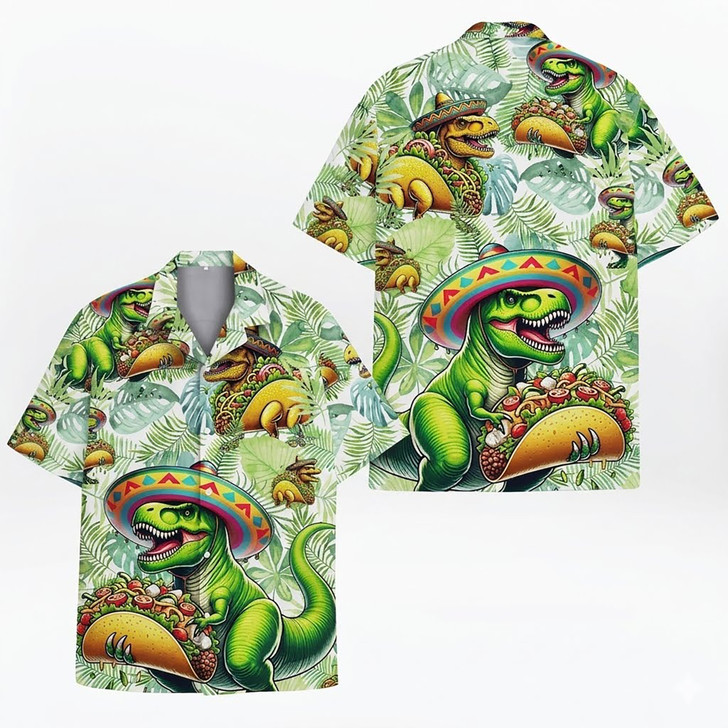 Taco T-Rex Dinosaur Mexican Summer Beach Casual Hawaiian Shirt S-5XL